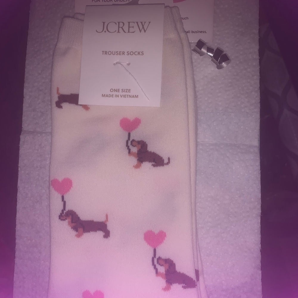 J. Crew Cream Socks with Dachshund and Pink Heart
